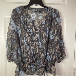 A.N.A floral long sleeve sheer blouse in gray.